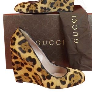 Gucci Natural Leopard Print Pony Hair Wedge Pumps